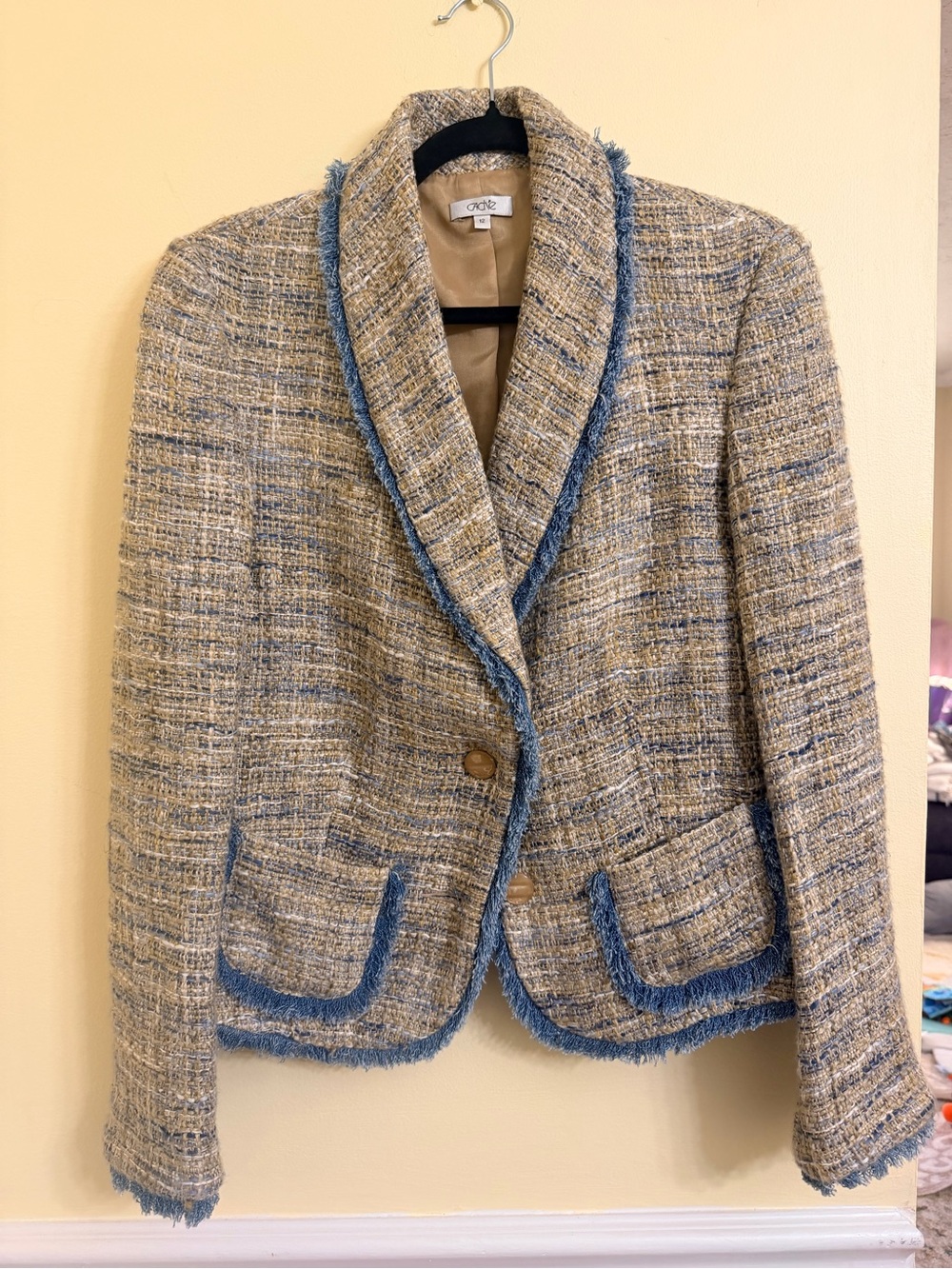 Cache Tweed Blazer in Beige with Blue Trim